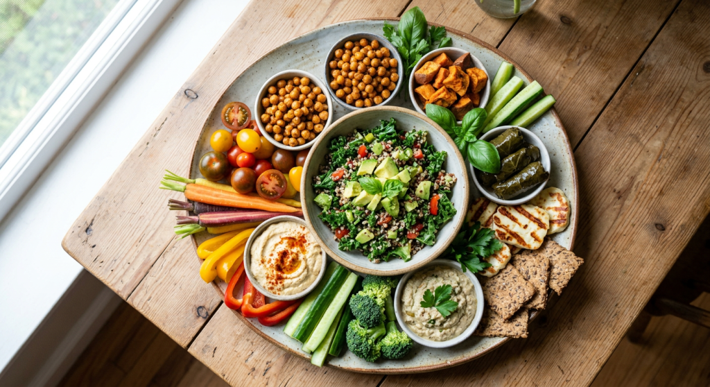 Mediterranean appetizer platter with fresh vegetables, dips, and snacks.
