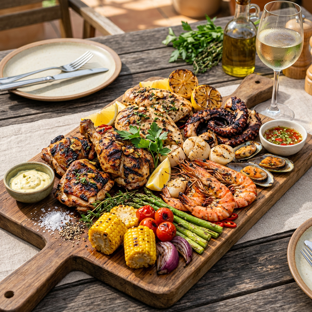 Grilled chicken, shrimp, octopus, scallops, mussels, corn, asparagus, cherry tomatoes, red onion, lemon wedges, sauces, and parsley on a wooden board