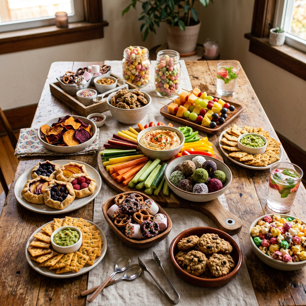 Variety of healthy snacks including veggies with dip, fruit skewers, cookies, crackers, and popcorn on a wooden table
