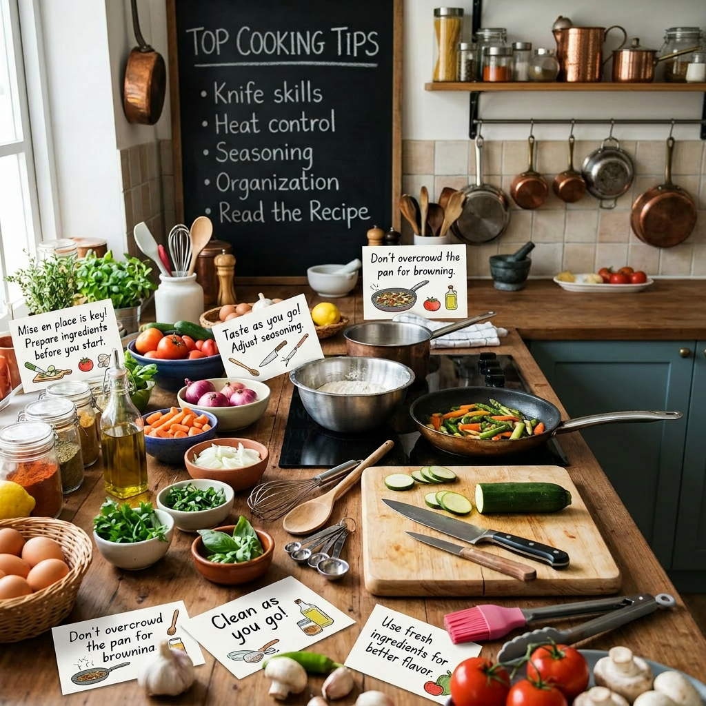 Woman cooking vegetables with kitchen tips cards and chalkboard showing cooking advice